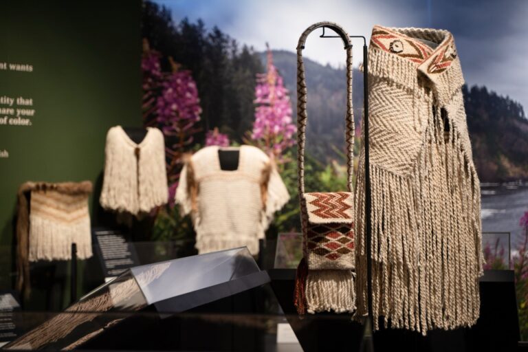 Shown right, Revival, 2025 and Many Hands Overspun Shawl, 2025, Haʔməkwitən Kelly Sullivan (Port Gamble S’Klallam) featured in the Spinning and Processing Gallery. Chris Snyder/Burke Museum Shown right, Revival, 2025 and Many Hands Overspun Shawl, 2025, Haʔməkwitən Kelly Sullivan (Port Gamble S’Klallam) featured in the Spinning and Processing Gallery. Chris Snyder/Burke Museum