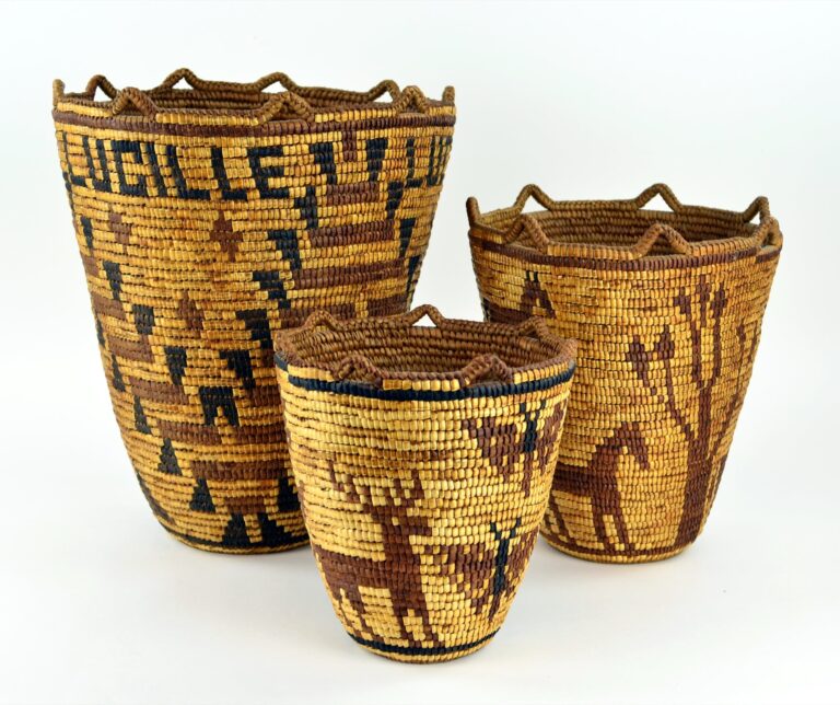 Left: Lucy Cayuse Thomas (Klikitat, 1884–1969), Cedar-Root Berry Basket (“Lucille”), 1937, western red cedar and bear grass, 15” x 12¾” x 11¾”; Center: Sally Wahkiacus (Klikitat, c. 1825–1931), Cedar-Root Berry Basket (deer and butterflies), 1930s, western red cedar and bear grass, 8¾” x 7¾”; Right: Lucy Cayuse Thomas (Klikitat, 1884–1969), Cedar-Root Berry Basket (horses), 1930s, western red cedar and bear grass, 11” x 10” x 9½”. Gift of Teunis J. Wyers Jr. and Jan Wyers, Collection of Maryhill Museum of Art