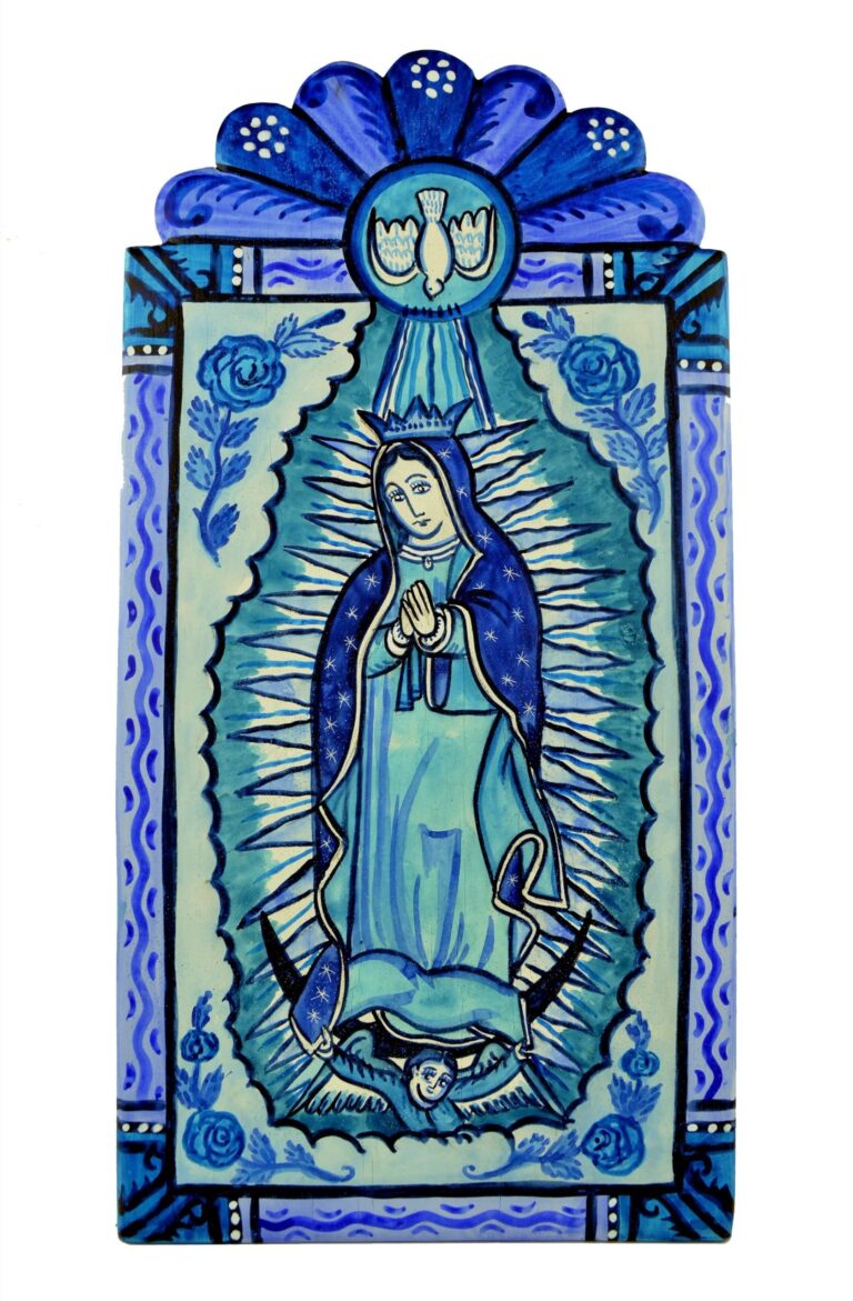 Charles M. Carrillo (American, b. 1956) Our Lady of Guadalupe, 2025, painted wood, 21½” x 11”. Museum purchase with funds provided by Karel and Edward Moersfelder, Collection of Maryhill Museum of Art