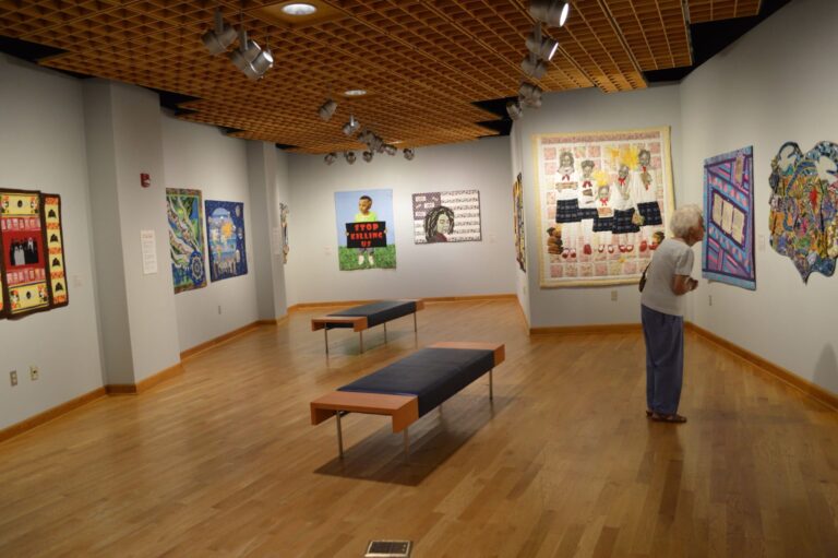 “Visioning Human Rights in the New Millennium: Quilting the World’s Conscience,” organized by Dr. Carolyn L. Mazloomi, featuring the Women of Color Quilters Network and Friends, presented by the Fitton Center for Creative Arts, summer 2018. Courtesy of Fitton Center for Creative Arts