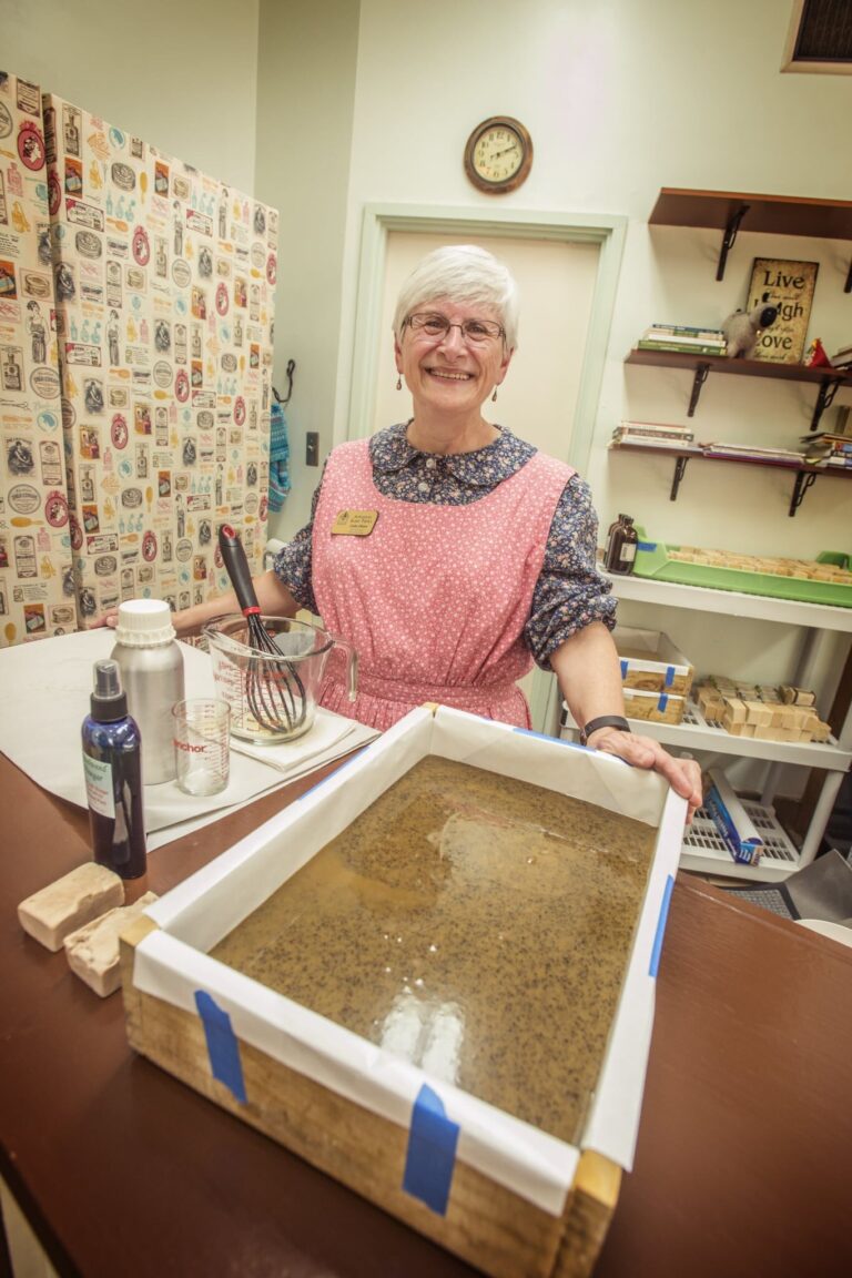 Soapmaker Linda Odom creates soaps using waste vegetable oil from the park's Skillet Restaurant and herbs she harvests from the Heritage Herb Garden at the Ozark Folk Center State Park. Kirk Jordan