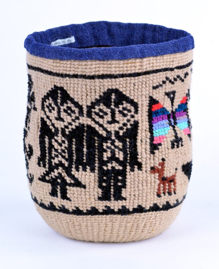 Pat Courtney Gold, (Wasco/Tlingit, 1939–2022), Sally’s Hidden Secret, 1999, cotton and chenille yarn, beads, and denim rim, 6¾” x 5”. Museum purchase with funds provided by Wildhorse Casino, Collection of Maryhill Museum of Art