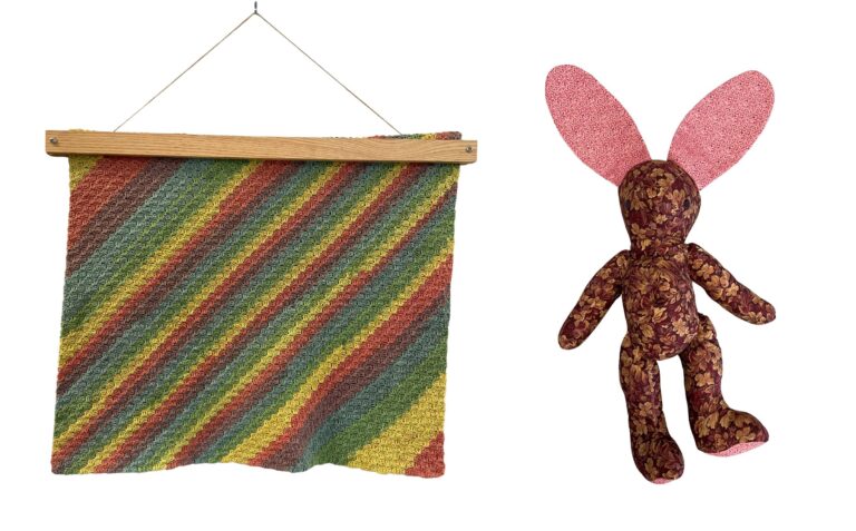 "Untitled," Woven work by Jessica, artist with Choice, Inc. (left); "Bunny," Sewn assemblage by Kurtis, artist with Choice, Inc. (right). Jessica and Kurtis