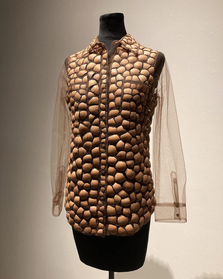 Erika Diamond, Eggshell Shirt – Business Casual, 2022, Eggshells stitched between two layers of tulle. Erika Diamond Erika Diamond, Eggshell Shirt - Business Casual, 2022, Eggshells stitched between two layers of tulle. Erika Diamond