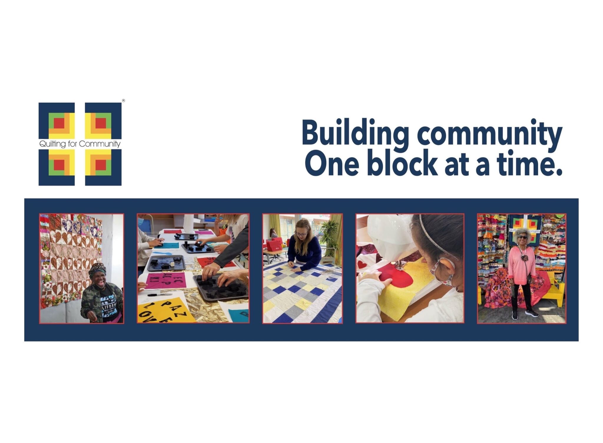Q4C Logo with Happy Quilters, Block Printers and tagline Building Community One Block at a time. Lizz Leral