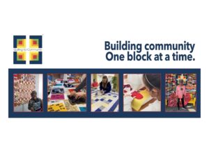 Q4C Logo with Happy Quilters, Block Printers and tagline Building Community One Block at a time. Lizz Leral