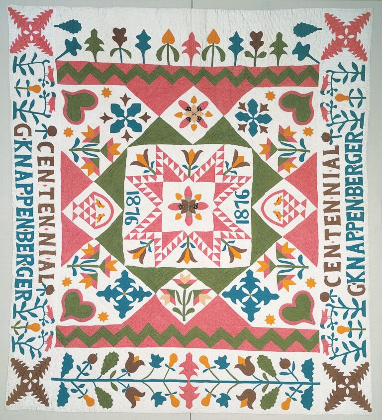 Gertrude Knappenberger, Centennial Quilt, 1876, Cotton with cotton embroidery, 82 1/2 in. x 74 1/2 in. American Folk Art Museum, Gift of Rhea Goodman, 1979.9.1. American Folk Art Museum.