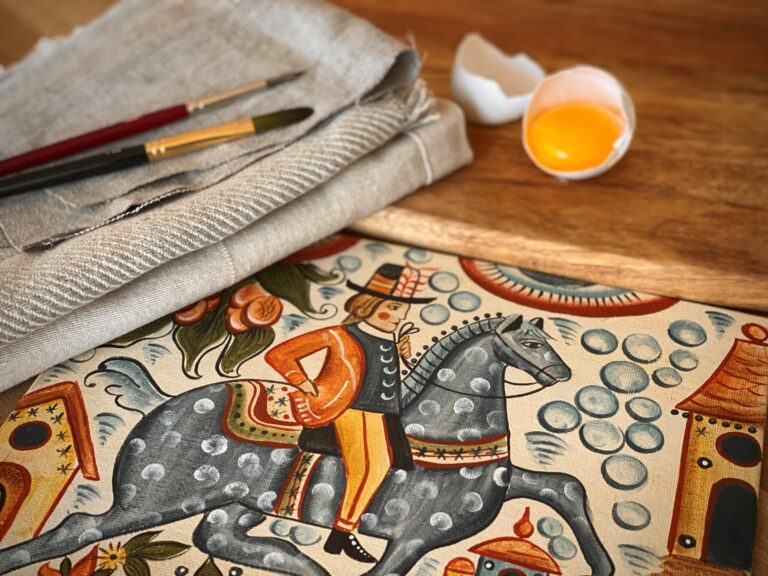 Materials for class including brushes and a cracked egg. American Swedish Institute