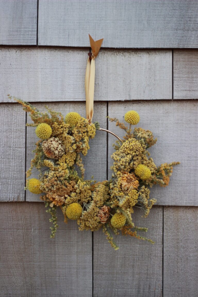 Equinox wreath made with dried flowers. American Swedish Institute