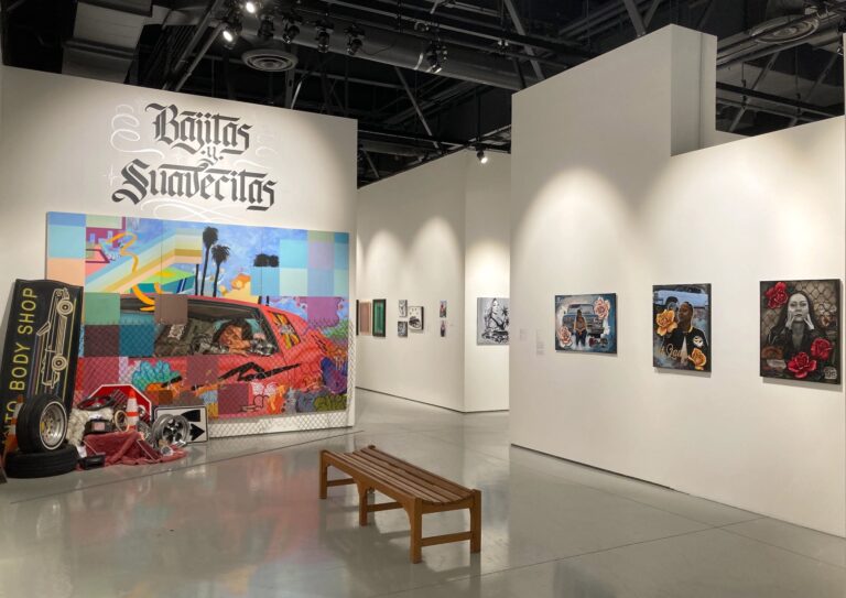 An installation view of the exhibition Bajitas y Suavecitas featuring the works of artists Jacqueline Valenzuela, Vanessa Torrez, and ONNI (from left to right). The exhibition was curated by Dr. Denise M. Sandoval. Bajitas y Suavecitas installation view, 2025. Photo: Oscar Jimenez. Courtesy of CSUN Art Galleries.