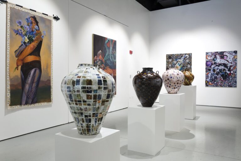 An installation view of the culminating exhibition of the CSUN Department of Art & Design’s graduating MFA and MA students. Artworks featured in the image are by graduating artists Harmony Azul Vasquez, Janisse Gracia, and Maria Ermoshin (from left to right). MA | MFA Graduate Exhibition installation view, 2025. Photo: Oscar Jimenez. Courtesy of CSUN Art Galleries.