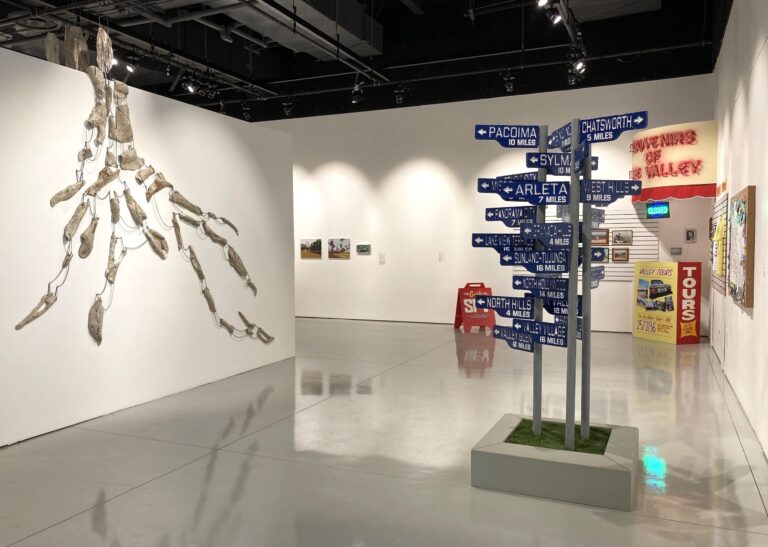 An installation view of the exhibition The Journey is the Destination: Recording Los Angeles featuring the works of artists Debra Scacco, Fía Benitez, and Vincent Enrique Hernandez (from left to right). The exhibition was curated by Holly Jerger. The Journey is the Destination: Recording Los Angeles installation view, 2025. Photo: Oscar Jimenez. Courtesy of CSUN Art Galleries.