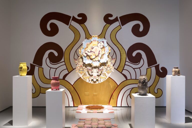 An installation view of the culminating exhibition for Kalli Arte Collective, CSUN’s inaugural Virginia A. Orndorff Artists-in-Residence. Our Sun Will Rise installation view, 2025. Photo: Oscar Jimenez. Courtesy of CSUN Art Galleries.