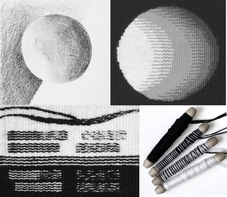Tapestry design process, including drawn and woven sphere. Elizabeth J. Buckley