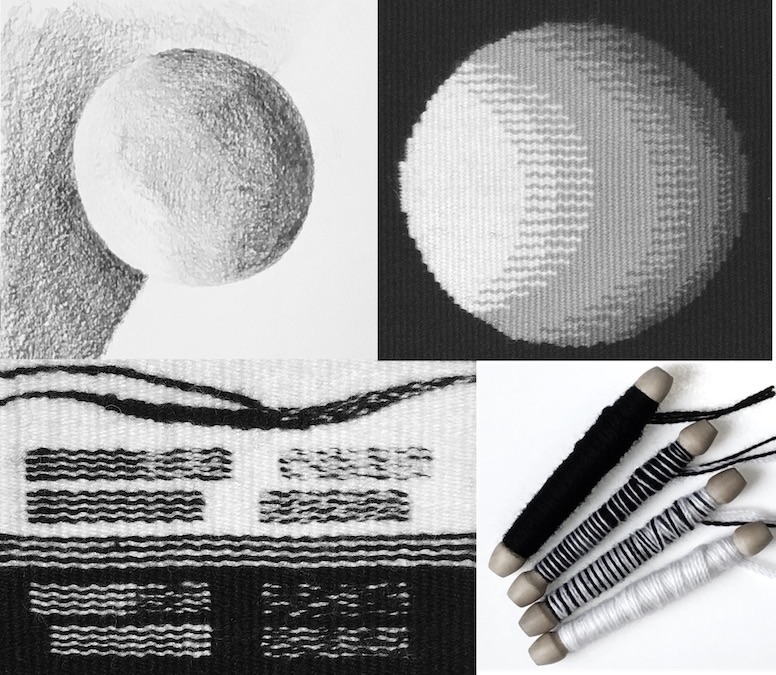 Tapestry design process, including drawn and woven sphere. Elizabeth J. Buckley