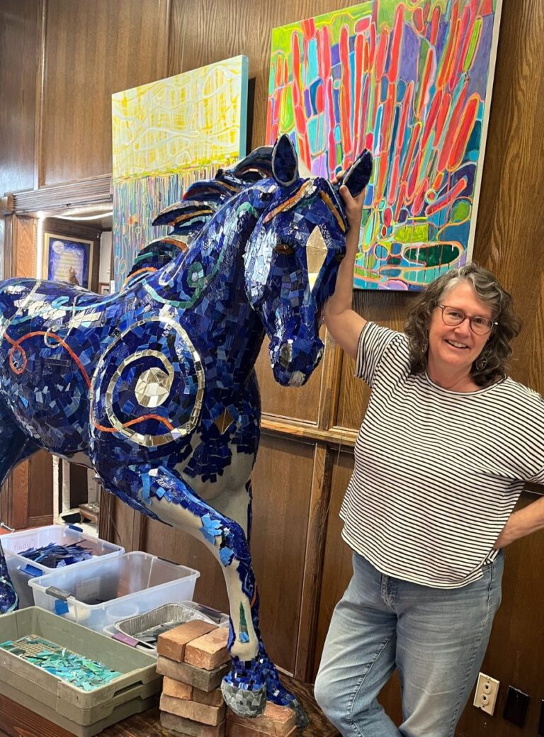 This is Groove founder and Director, Erika Harding, a mosaic artist who leads the ongoing community project we call "Blue," a life-size glass mosaic sculpture. A group of 5-10 community members meet every week to work on Blue, which is the pride and joy of The Groove Artspace. Photo by Pati Tellez