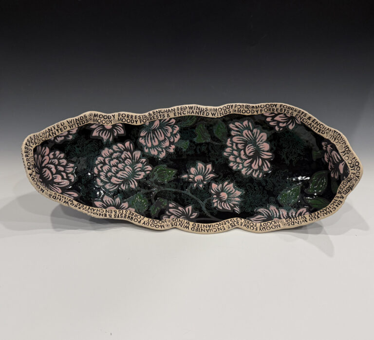 Ceramic Platter by Connie Norman | Platter says “Moody Forrests and Enchanted Winds”. Lillstreet Gallery Ceramic Platter by Connie Norman | Platter says "Moody Forrests and Enchanted Winds". Lillstreet Gallery