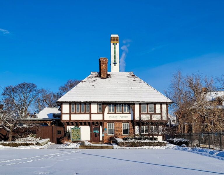 Pewabic's National Historic Pottery building in the snow. Photographer Amanda Rogers, Courtesy Pewabic Pottery