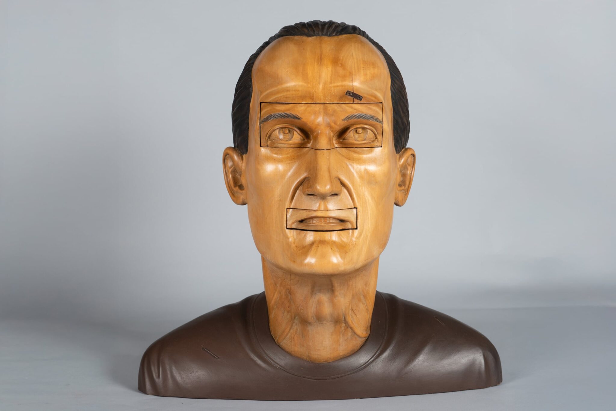 Bob Trotman, American, born 1947; Person of Interest, 2008; Wood, tempera, wax; 24 x 24 x 16 in. Gift of Bob Trotman and the Kohler Foundation, Inc. CMA 2023.7. Image courtesy of the Columbia Museum of Art / Drew Baron