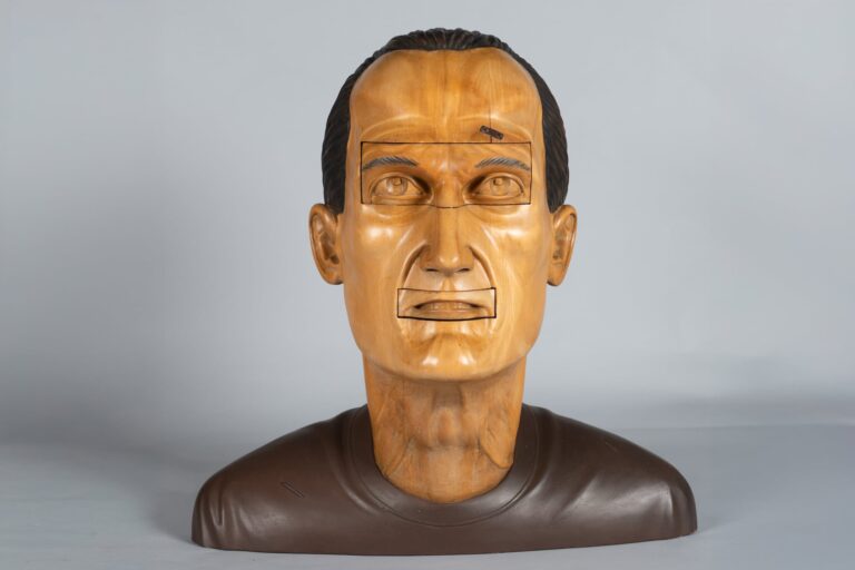 Bob Trotman, American, born 1947; Person of Interest, 2008; Wood, tempera, wax; 24 x 24 x 16 in. Gift of Bob Trotman and the Kohler Foundation, Inc. CMA 2023.7. Image courtesy of the Columbia Museum of Art / Drew Baron