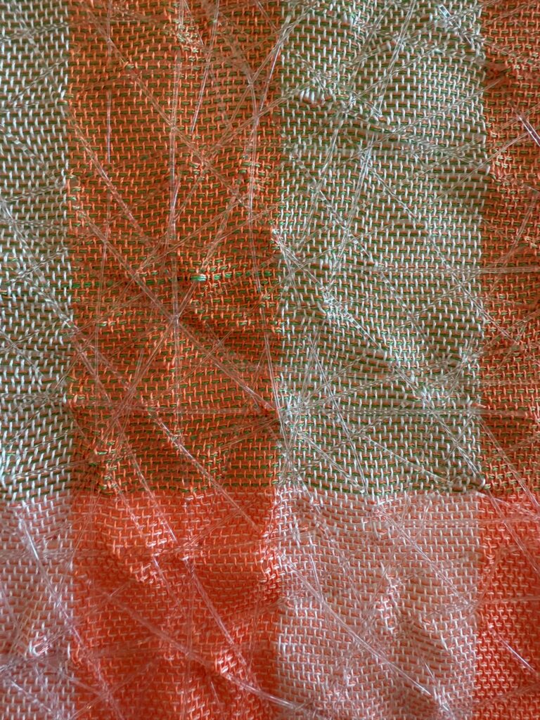 Ann Morton, Hook, Line and Sinker, Series of 3, 2025, Hand woven fishing line - braided; Jen Blazina, Recollection, 2007, 3D mixed media, 48 x 48 x 48 inches. fishing hooks; fishing line - monofilament; fishing sinkers, 16 x 20 inches. Courtesy of the Artist