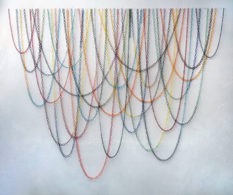 Dharma Strasser MacColl, Freefall I, 2024, hand-dyed porcelain, mason stains, 102 x 113 in., Courtesy Maybaum Gallery. Courtesy of the artist