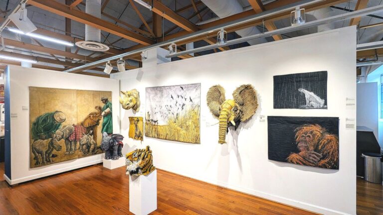 Building W16 houses three fine arts galleries, hosting a diverse range of media in 30 exhibitions per year. Local, regional, national, and international artists at all levels of their careers have proudly shown here. Pictured: fiber art by Holly Cole, part of "Life's a Stitch x4", 2024. Workhouse Arts Center