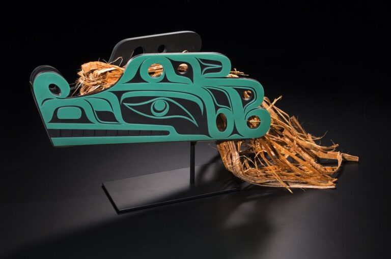 Preston Singletary and Joe David, Dancing Wolf Headdress. Preston Singletary and Joe David, Dancing Wolf Headdress, 2014, kiln-formed, sand-carved glass, cedar bark, 16” x 30” x 12”. Image courtesy of Preston Singletary, Photograph by Russell Johnson, © Preston Singletary.