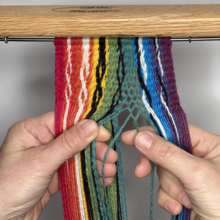 Sprang creation in progress. Sharon Wichman