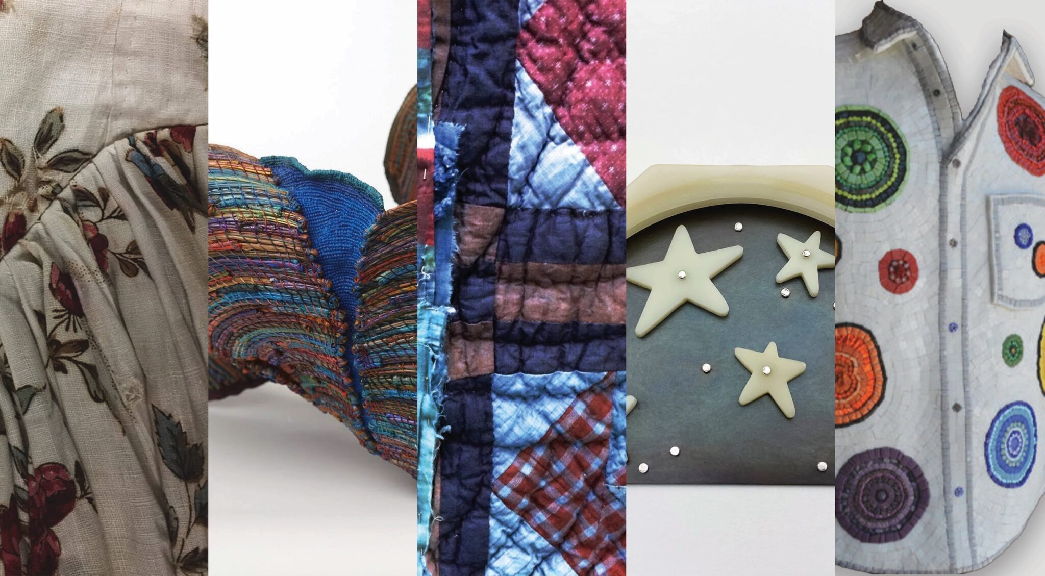 Detail images of a pieced 18th c. garment "Italian Gown, c1780s" by Mackenzie Anderson Sholtz; detail of a painted basket "Kintsugi Mind Set" by Nolan Wright; detail of indigo dyed quilt remnants "Hydrography" by Gardner Cole Miller; detail of mixed media jewelry "Star Tunnel" by Tabitha Ott; detail of a 3D mosaic shirt "Mr. Brooks" by Victoria Hagner. Mackenzie Anderson Sholtz, Nolan Wright, Gardner Cole Miller, Tabitha Ott, Victoria Hagner