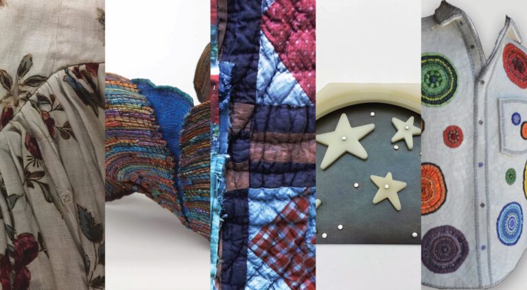 Detail images of a pieced 18th c. garment "Italian Gown, c1780s" by Mackenzie Anderson Sholtz; detail of a painted basket "Kintsugi Mind Set" by Nolan Wright; detail of indigo dyed quilt remnants "Hydrography" by Gardner Cole Miller; detail of mixed media jewelry "Star Tunnel" by Tabitha Ott; detail of a 3D mosaic shirt "Mr. Brooks" by Victoria Hagner. Mackenzie Anderson Sholtz, Nolan Wright, Gardner Cole Miller, Tabitha Ott, Victoria Hagner