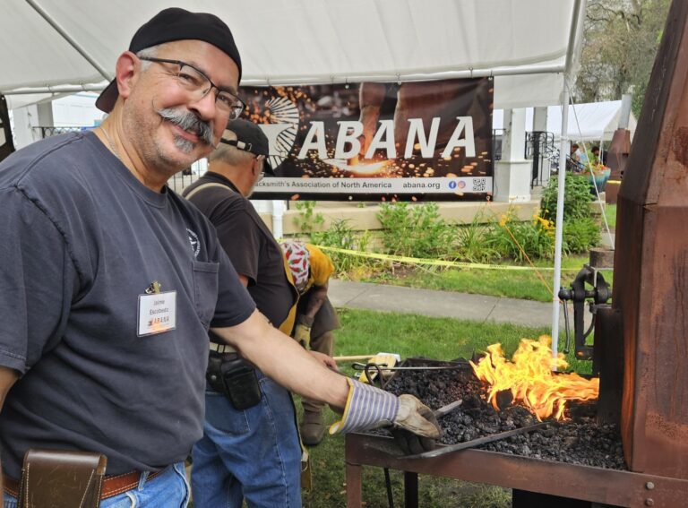 Jaime Escobedo competes in a team forging competition during an ABANA event Jaime Escobedo competes in a team forging competition during an ABANA event. Photo by Jennifer Jhon.