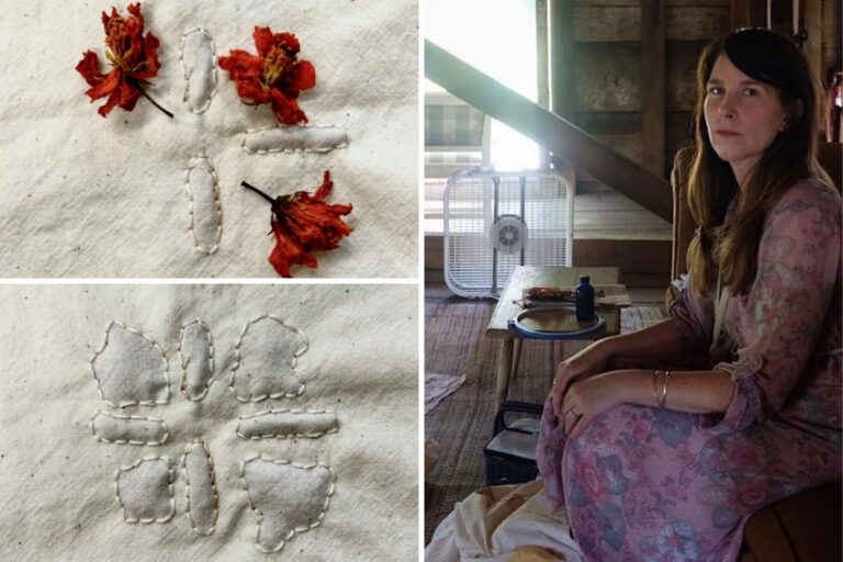 Left Images: Hand-Stitched Sachets by Hadley Clark. Right Image: Artist Hadley Clark. Image Provided by Hadley Clark
