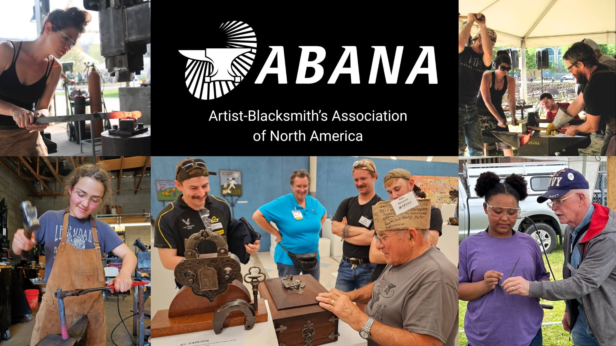 Artist-Blacksmith’s Association of North America (ABANA) Logo, A collage of activities from teaching a blacksmith class. Artist-Blacksmith's Association of North America (ABANA) Logo, A collage of activities from teaching a blacksmith class.