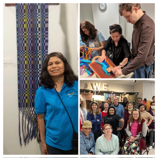 Arlington Weaves highlights. Photo to the left featuring JG standing with her double weave wall hanging at the Arlington Alliance Gallery. Top right photo features Arlington Weaves staff Sughra Hussaniy teaching LM how to card fibers to prepare them for the spinning wheel. Photo of AWE group. Emily Wroten Arlington Weaves highlights. Photo to the left featuring JG standing with her double weave wall hanging at the Arlington Alliance Gallery. Top right photo features Arlington Weaves staff Sughra Hussaniy teaching LM how to card fibers to prepare them for the spinning wheel. Photo of AWE group. Emily Wroten
