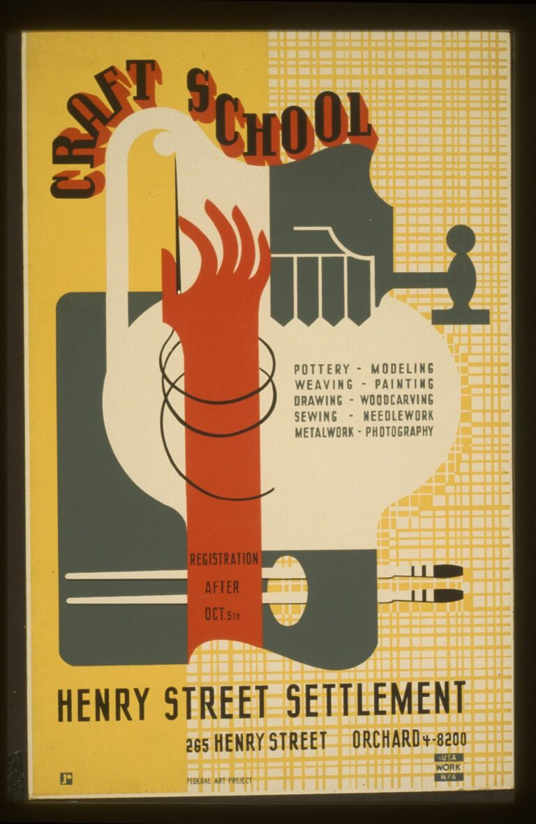 WPA poster promoting community Craft School. Jerry Roth, WPA Artist, NYC WPA Poster Division
