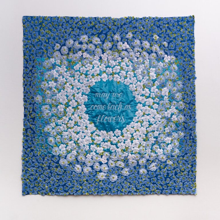 Jessica Wohl, May We Come Back as Flowers, 2025, found fabric and embroidery. Artist: Jessica Wohl. Installation photography: John Dooley.