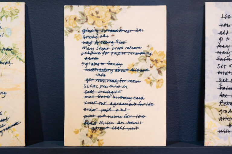 Jessica Wohl, selections from the I’ll Take Care of It series, 2018–2025, embroidery on found fabric. Artist: Jessica Wohl. Installation photography: John Dooley.