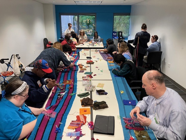 The Arlington Weavers participating in Spin Weave Week by learning how to mend fabric using speedwevers with Art on the Mend. They then went on to create a collaborative fiber art piece by stitching their mending on handwoven warps. Emily Wroten The Arlington Weavers participating in Spin Weave Week by learning how to mend fabric using speedwevers with Art on the Mend. They then went on to create a collaborative fiber art piece by stitching their mending on handwoven warps. Emily Wroten