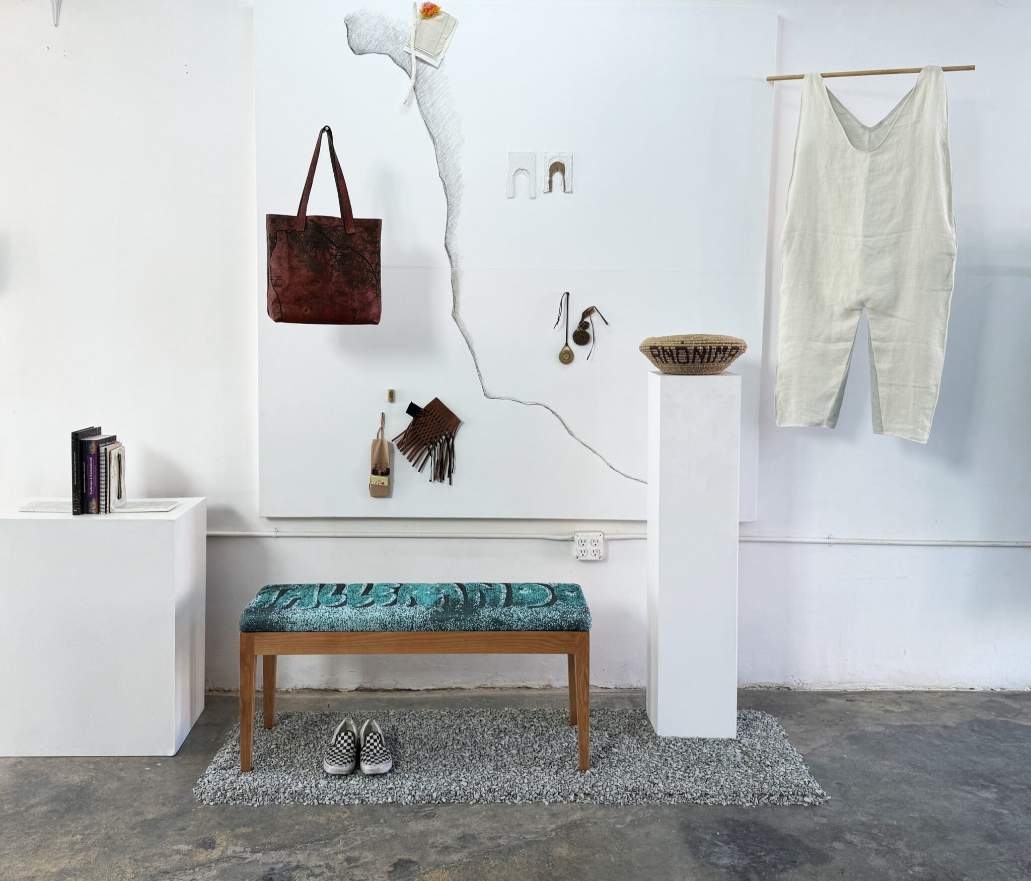 Christine Lee, Memories and Recollection, 2024. Wood, upholstery material, hand-woven fabric, plaster, leather, and jute twine. Christine Lee