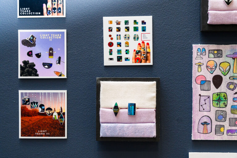 Installation detail of The Shape of Memory, a retrospective exhibition of lapidary artist and jeweler Fati Genese, presented at NYCJW25. Photo: Simon Leung