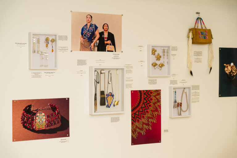 Installation view of Ndaki-ña, an all-Indigenous jewelry exhibition at NYCJW25 curated by Omar Monroy (Curator/Creative Director), Sammy Joe Temple (Co-Creative Director), and Deyah Cassadore (Consulting Curator), produced by Taylor Uchytil, and hosted by Hannah Traore Gallery. Photo: Simon Leung