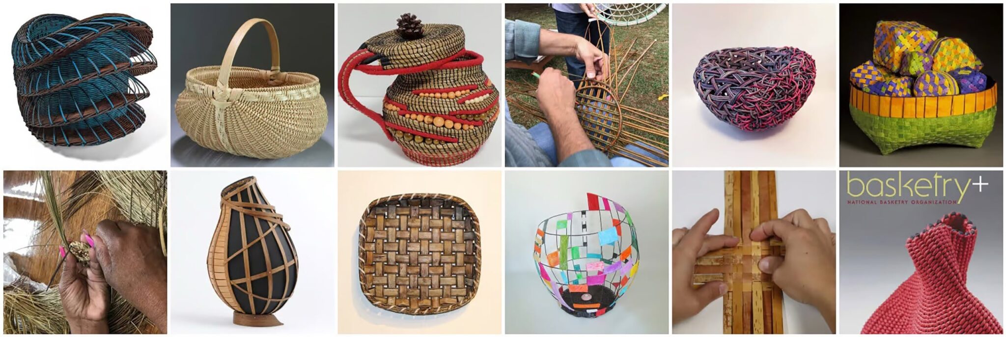 Mosaic of artwork featuring vessels and baskets created by the makers and members of NBO. Various artists