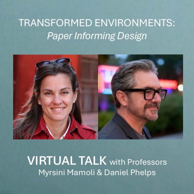 “Transformed Environments Virtual Talk with Professors Myrsini Mamoli and Daniel Phelps” in white text over a blue background. Images of Mysrini Mamoli, a woman with shoulder length brown hair wearing a red coat, and Daniel Phelps, a man with short graying hair and a beard, are in the center. "Transformed Environments Virtual Talk with Professors Myrsini Mamoli and Daniel Phelps" in white text over a blue background. Images of Mysrini Mamoli, a woman with shoulder length brown hair wearing a red coat, and Daniel Phelps, a man with short graying hair and a beard, are in the center.
