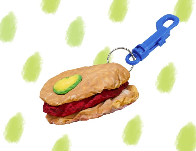 Pictured: Bootleg soft sculpture hamburger keychain, inspired by Reniel Del Rosario’s work. AMOCA