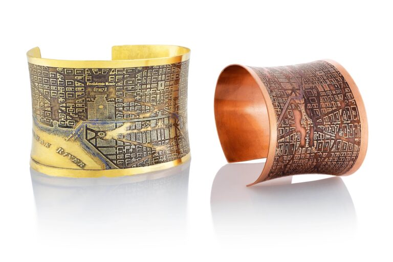 Metalwork bracelet by Brandi Couvillion featuring geography from Washington DC in 1799 and 1880- "The Vanishing of Tiber Creek". Brandi Couvillion in Studio 209 at Torpedo Factory Art Center