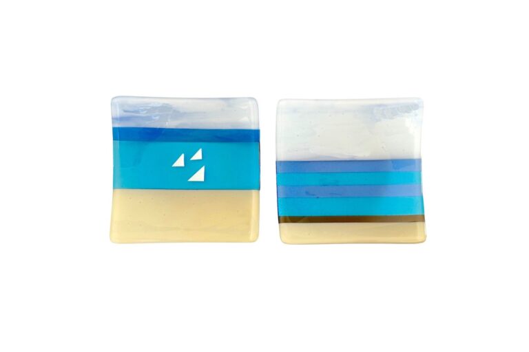 Two glass art pieces with abstract beach scenes Two glass art pieces with abstract beach scenes. American Swedish Institute