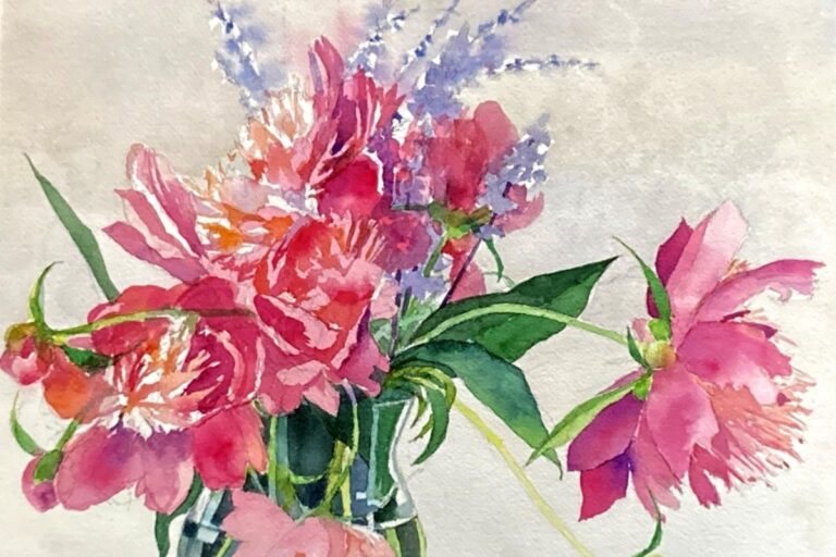 A watercolor painting depicts a vibrant bouquet of pink and coral peonies, accented with delicate purple flowers. The flowers are arranged in a clear glass vase against a softly textured background. American Swedish Institute