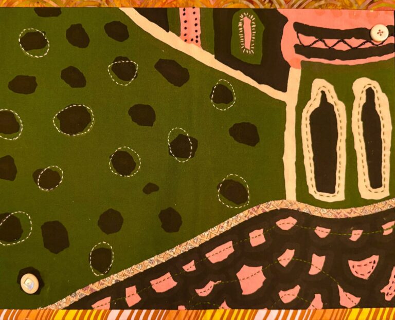 Every-day items like this placemat become things of striking beauty in Susan’s hands. Here she has embellished her fabric collage with embroidery, buttons, and other detailing Every-day items like this placemat become things of striking beauty in Susan's hands. Here she has embellished her fabric collage with embroidery, buttons, and other detailing. Photo by V. Reinke