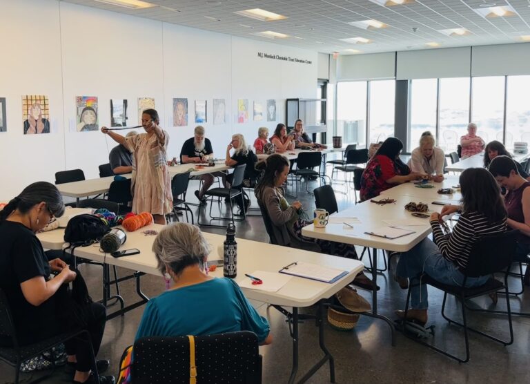 Chestina Dominguez leading a wa'paas weaving class at Maryhill Museum of Art. Courtesy Maryhill Museum of Art